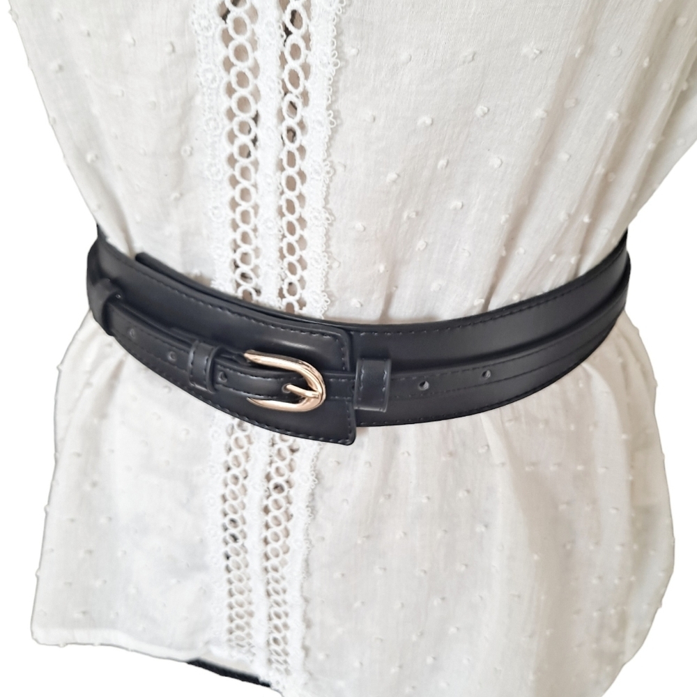 Skinny thick Black faux leather utility corset gold buckle dress wide waist belt - Picture 3 of 7